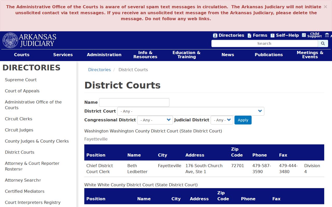 Arkansas district court directory for Washington County municipal warrants