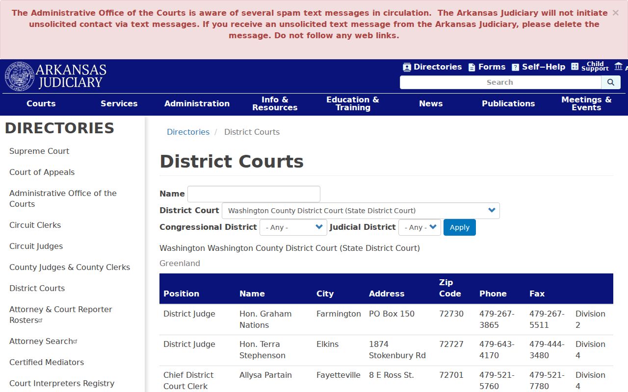 Greenland district court listing for Washington County municipal warrant checks
