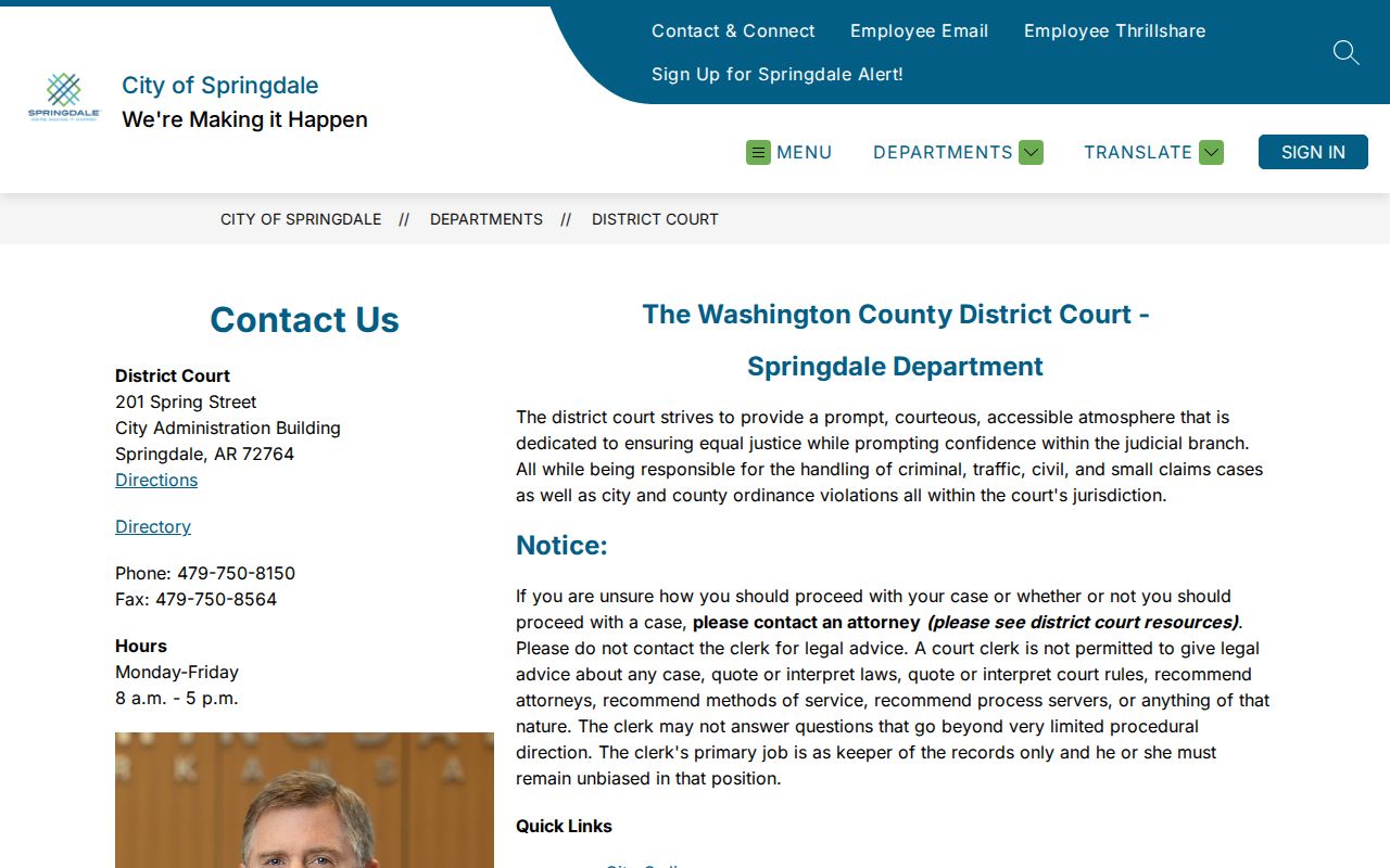 Springdale District Court route for Washington County municipal warrant records