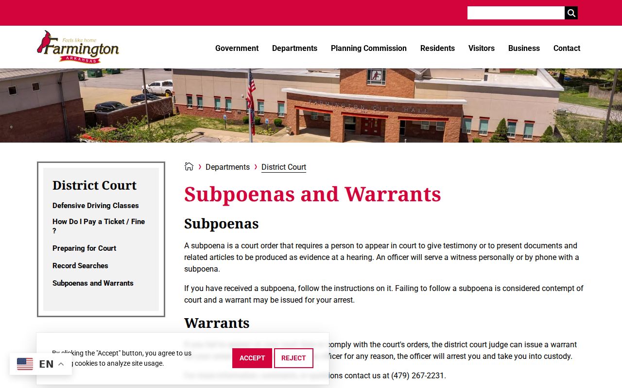 Farmington warrant records and failure-to-appear instructions