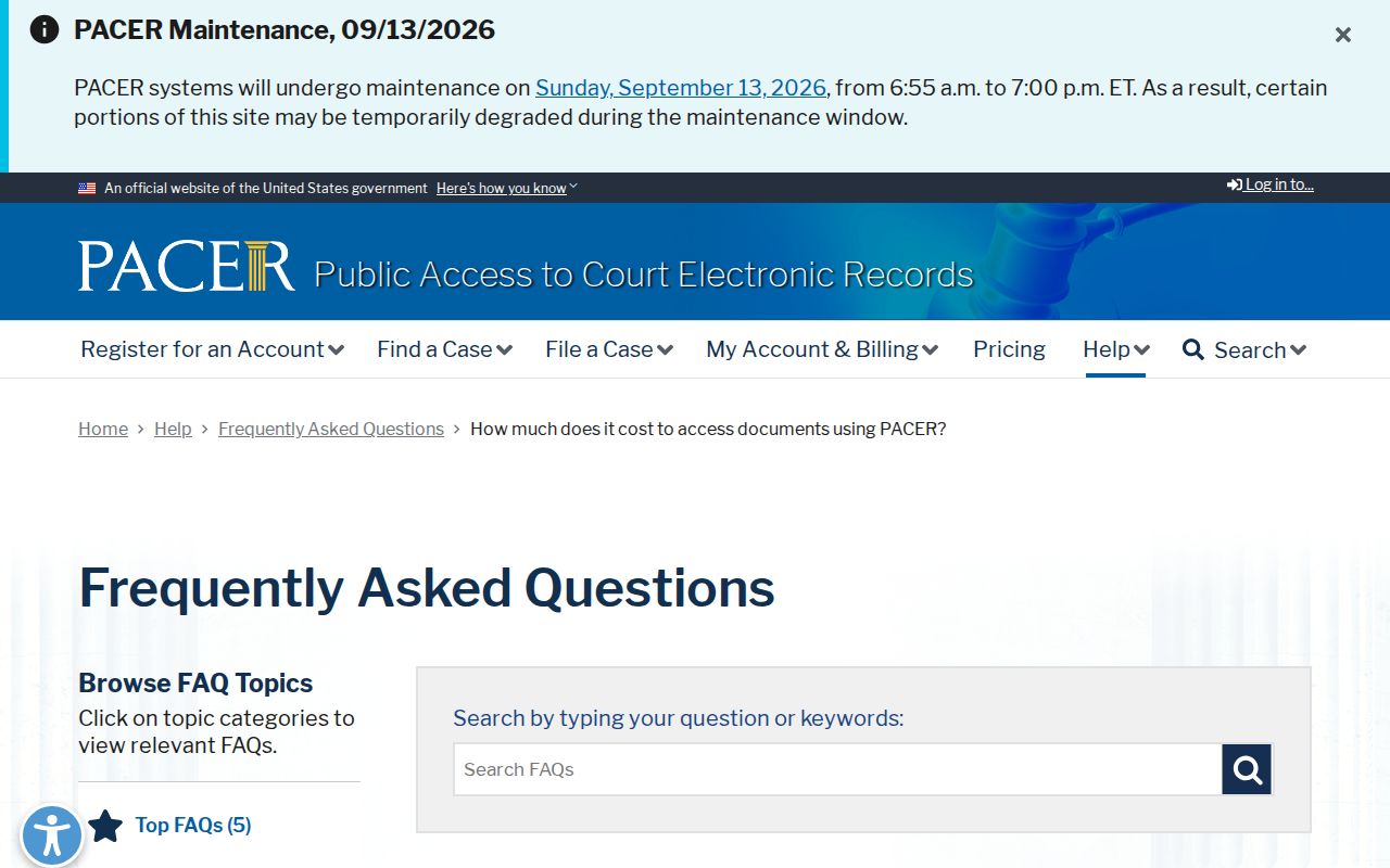 PACER fee information for Washington County federal warrant record access