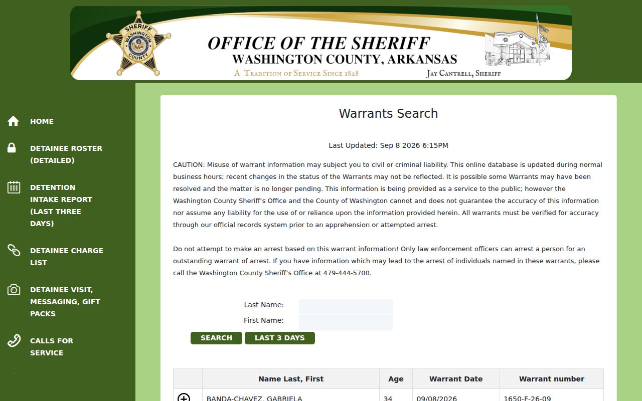 Washington County warrant records search interface